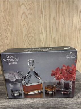 Strauss Whiskey Set 5 Piece Glass Decanter Set - Clear with Amber